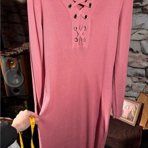 No Boundaries Pink Lace-Up Long Sleeve Dress